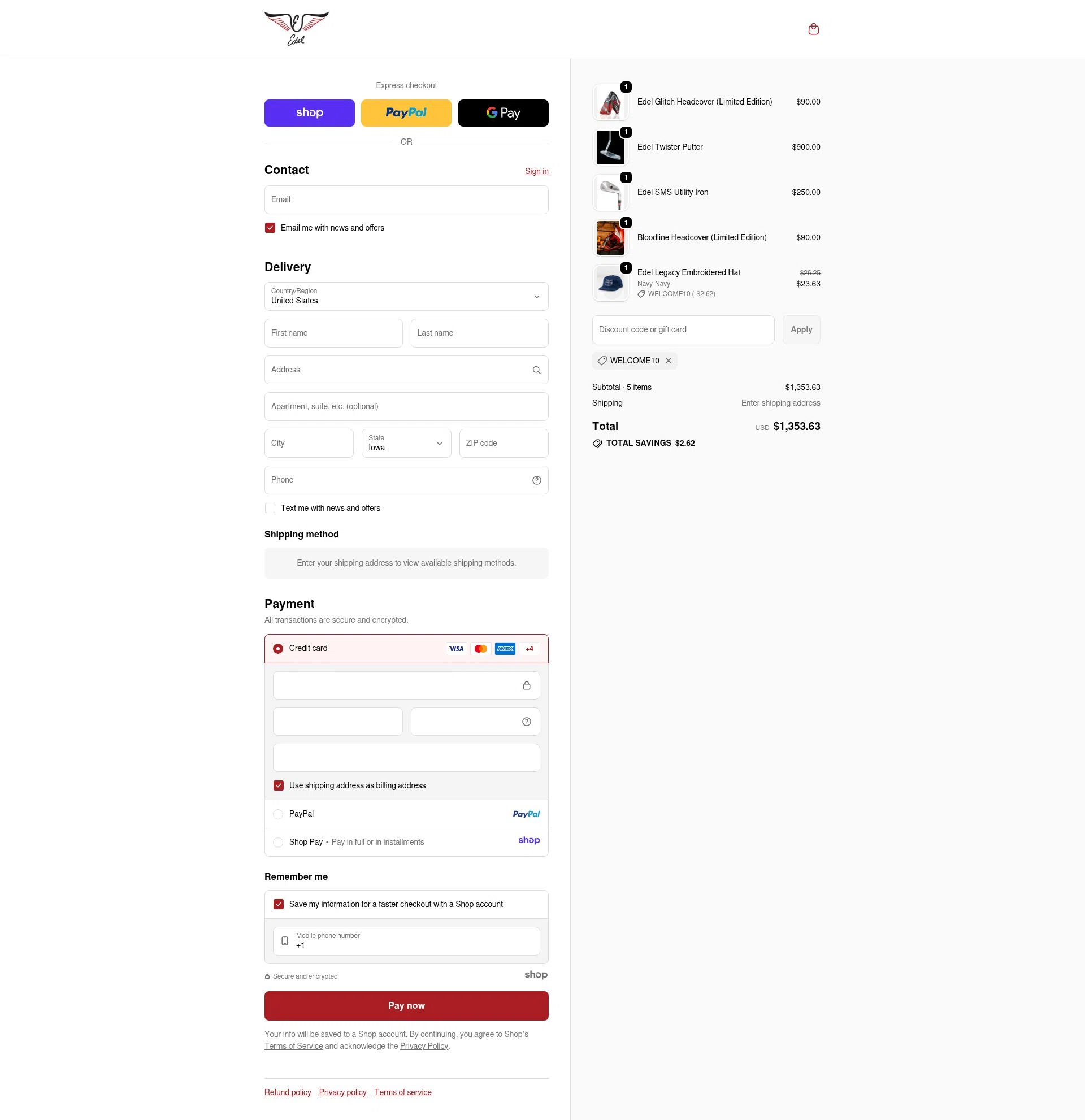 Edel Golf checkout page showing Edel Golf promo code box | Screenshot taken by SimplyCodes community member on Dec 5, 2025