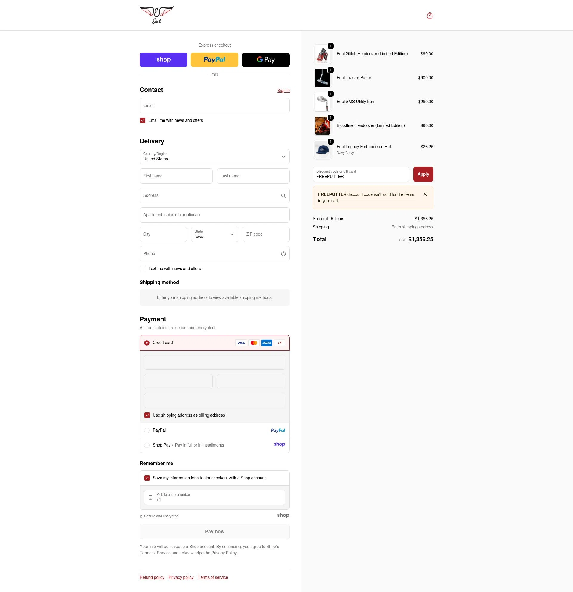 Edel Golf checkout page showing Edel Golf promo code box | Screenshot taken by SimplyCodes community member on Dec 11, 2025