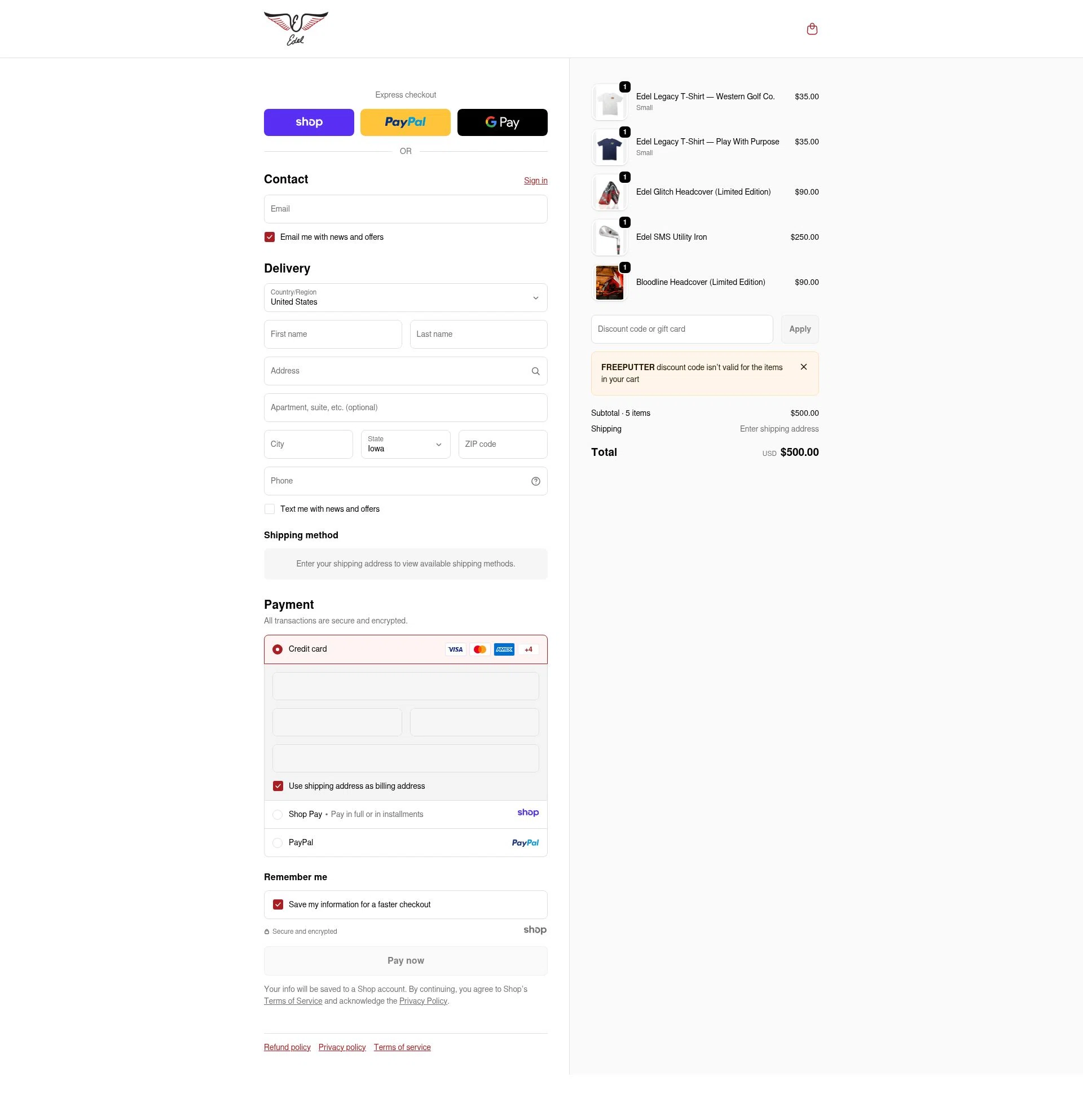 Edel Golf checkout page showing Edel Golf promo code box | Screenshot taken by SimplyCodes community member on Dec 23, 2025