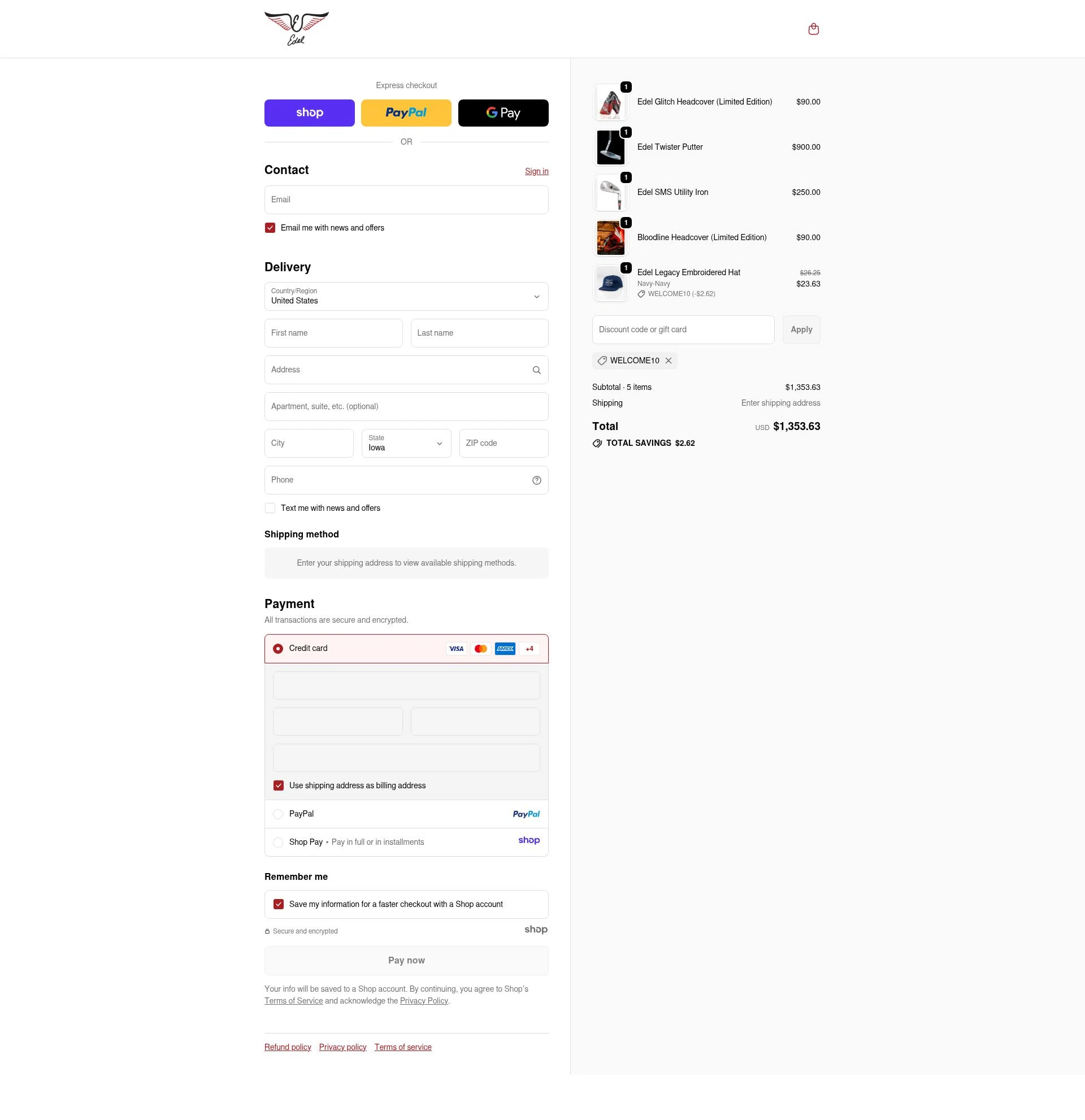 Edel Golf checkout page showing Edel Golf promo code box | Screenshot taken by SimplyCodes community member on Dec 11, 2025