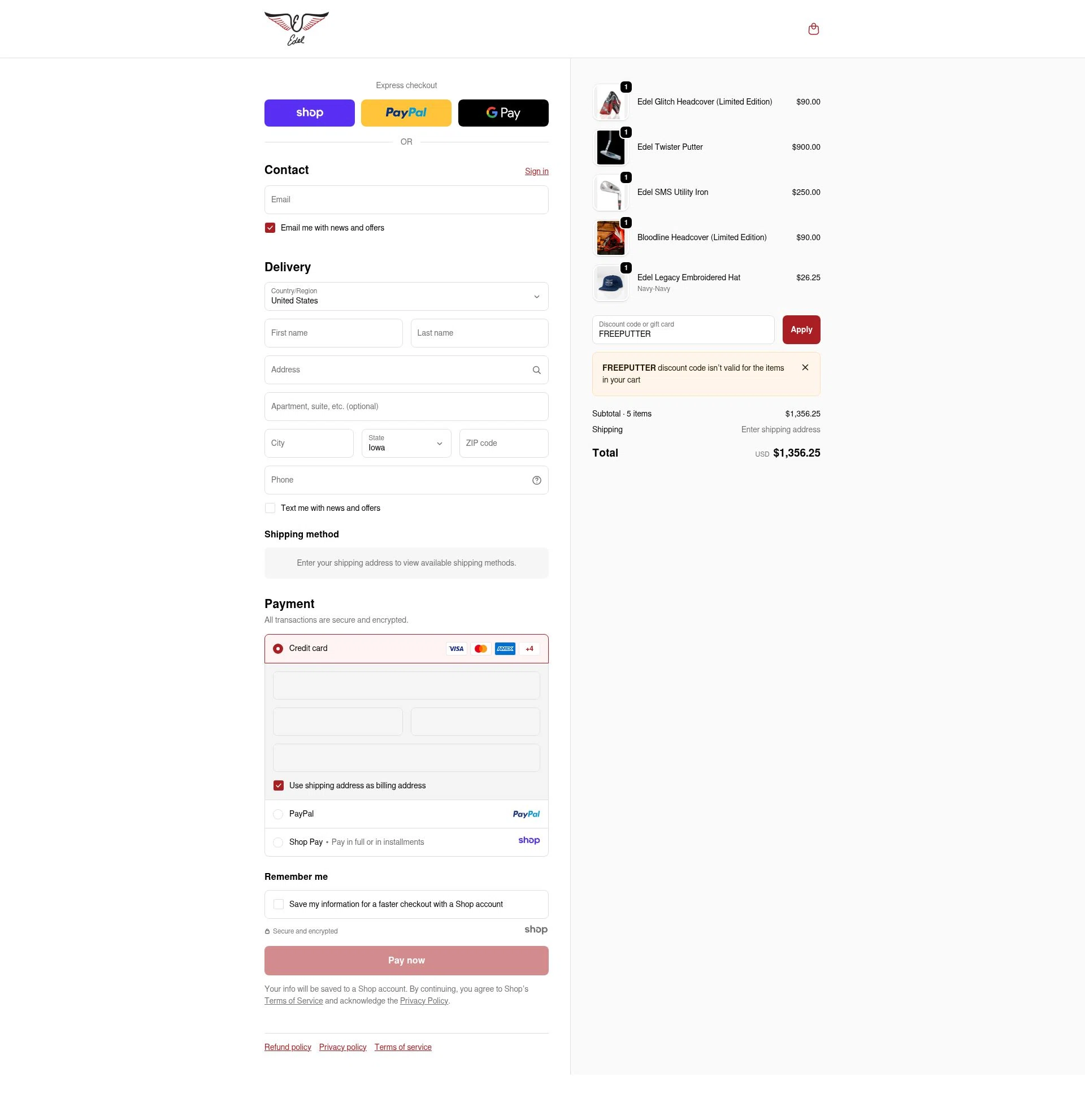 Edel Golf checkout page showing Edel Golf promo code box | Screenshot taken by SimplyCodes community member on Dec 5, 2025