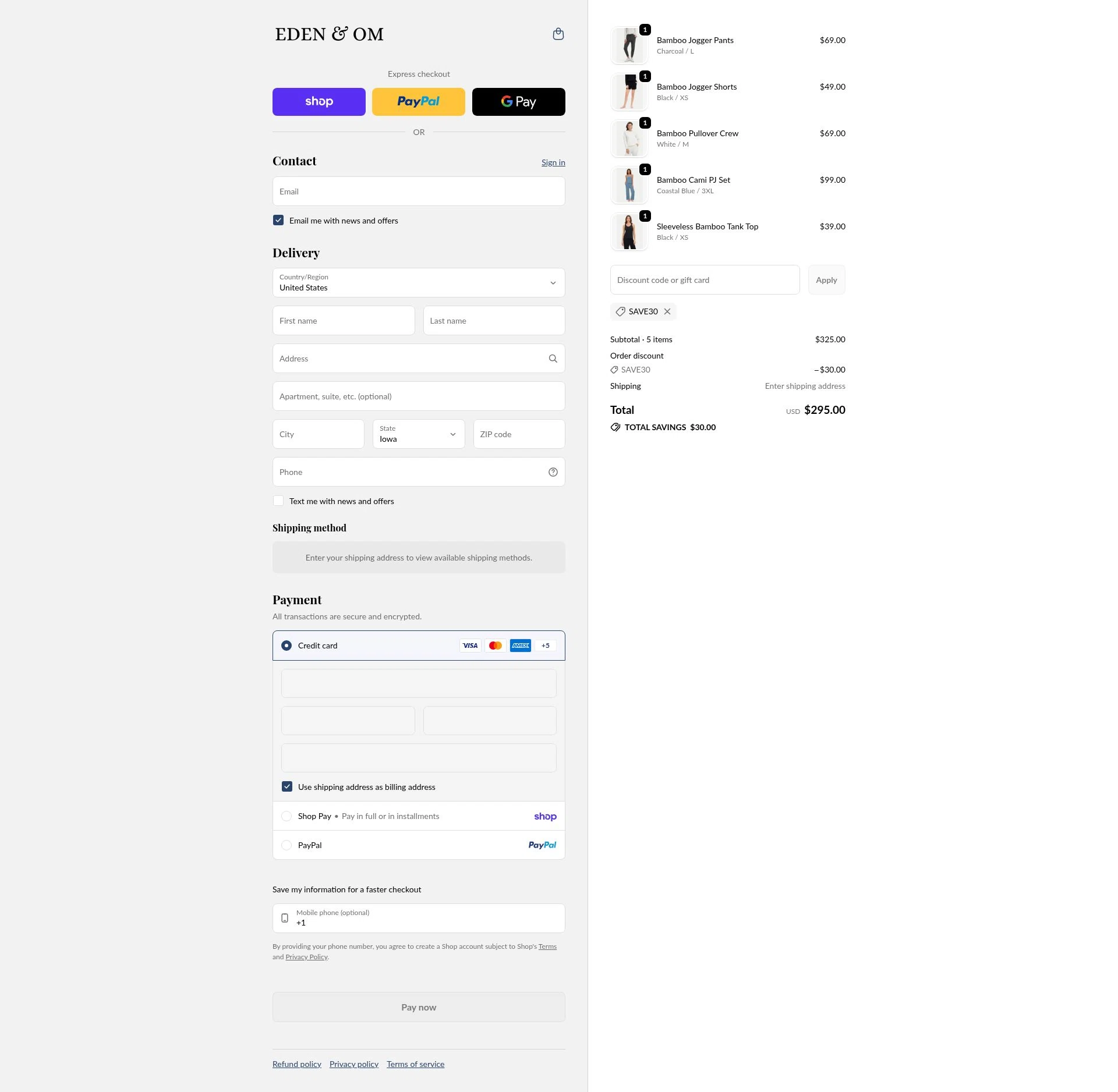 Eden & Om checkout page showing Eden & Om discount code box | Screenshot taken by SimplyCodes community member on Feb 1, 2026