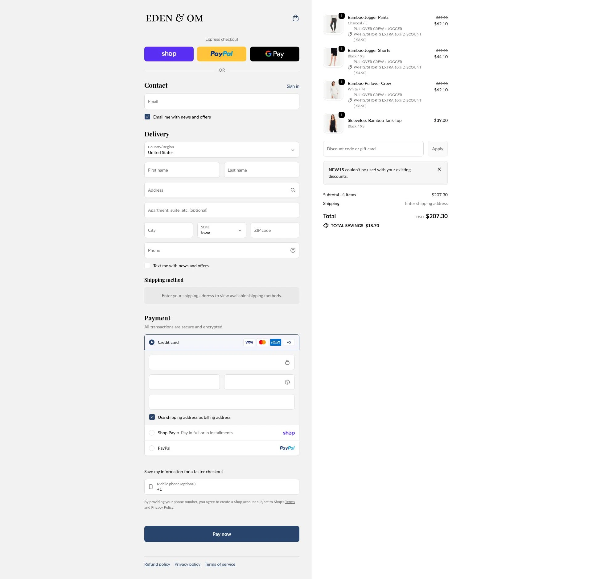 Eden & Om checkout page showing Eden & Om discount code box | Screenshot taken by SimplyCodes community member on Feb 5, 2026