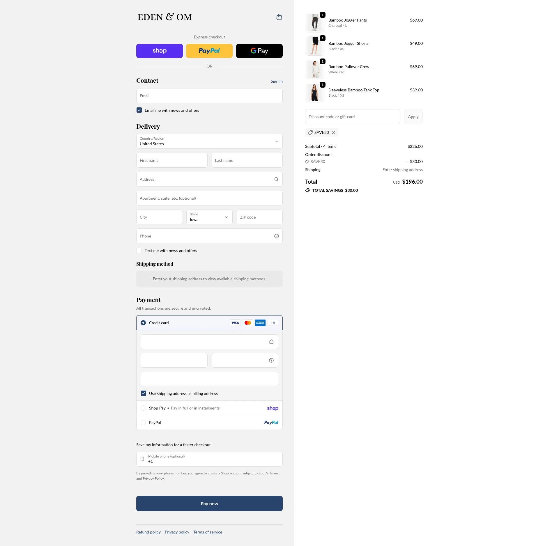 Eden & Om checkout page showing Eden & Om discount code box | Screenshot taken by SimplyCodes community member on Feb 5, 2026