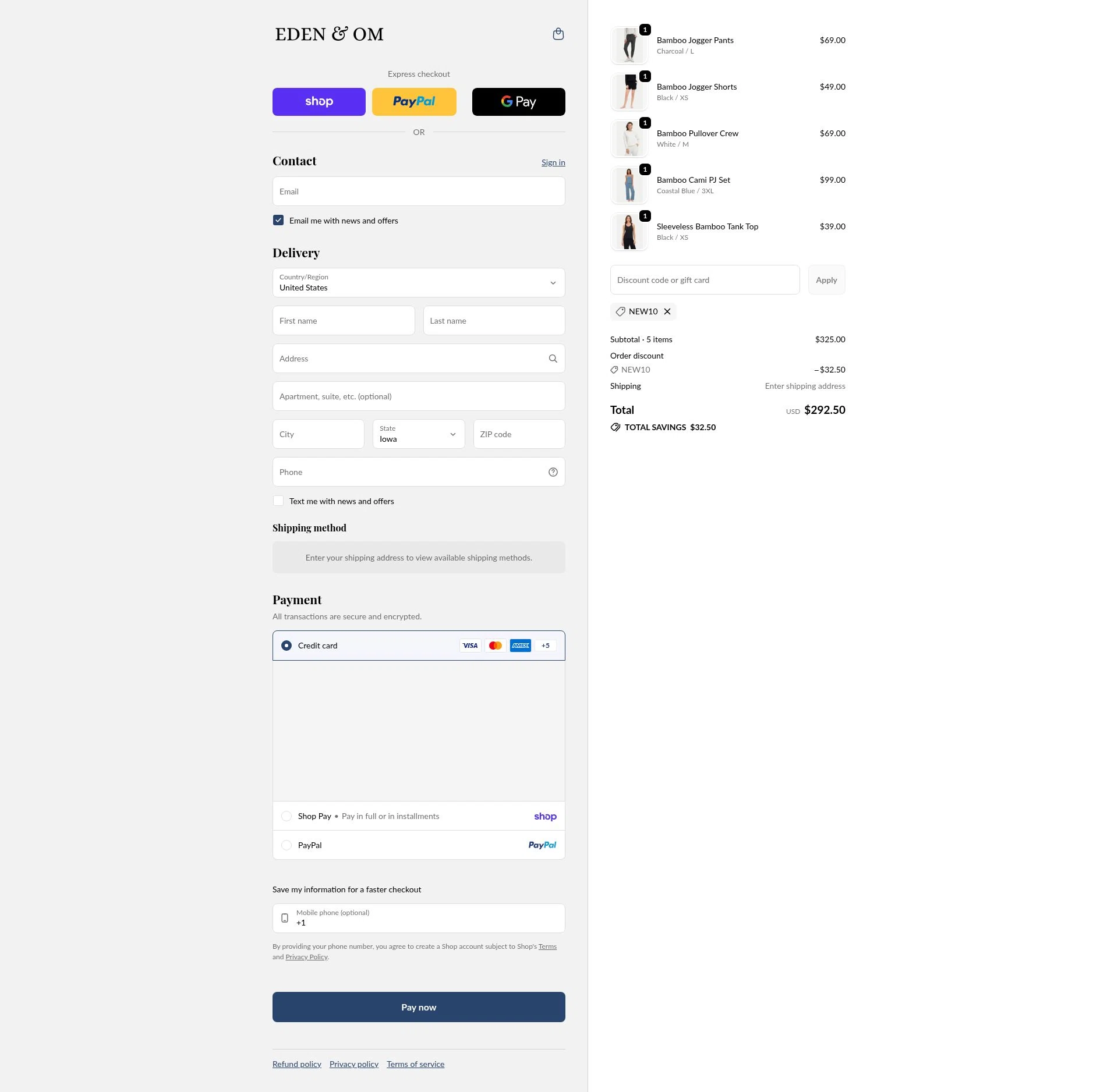 Eden & Om checkout page showing Eden & Om discount code box | Screenshot taken by SimplyCodes community member on Feb 1, 2026