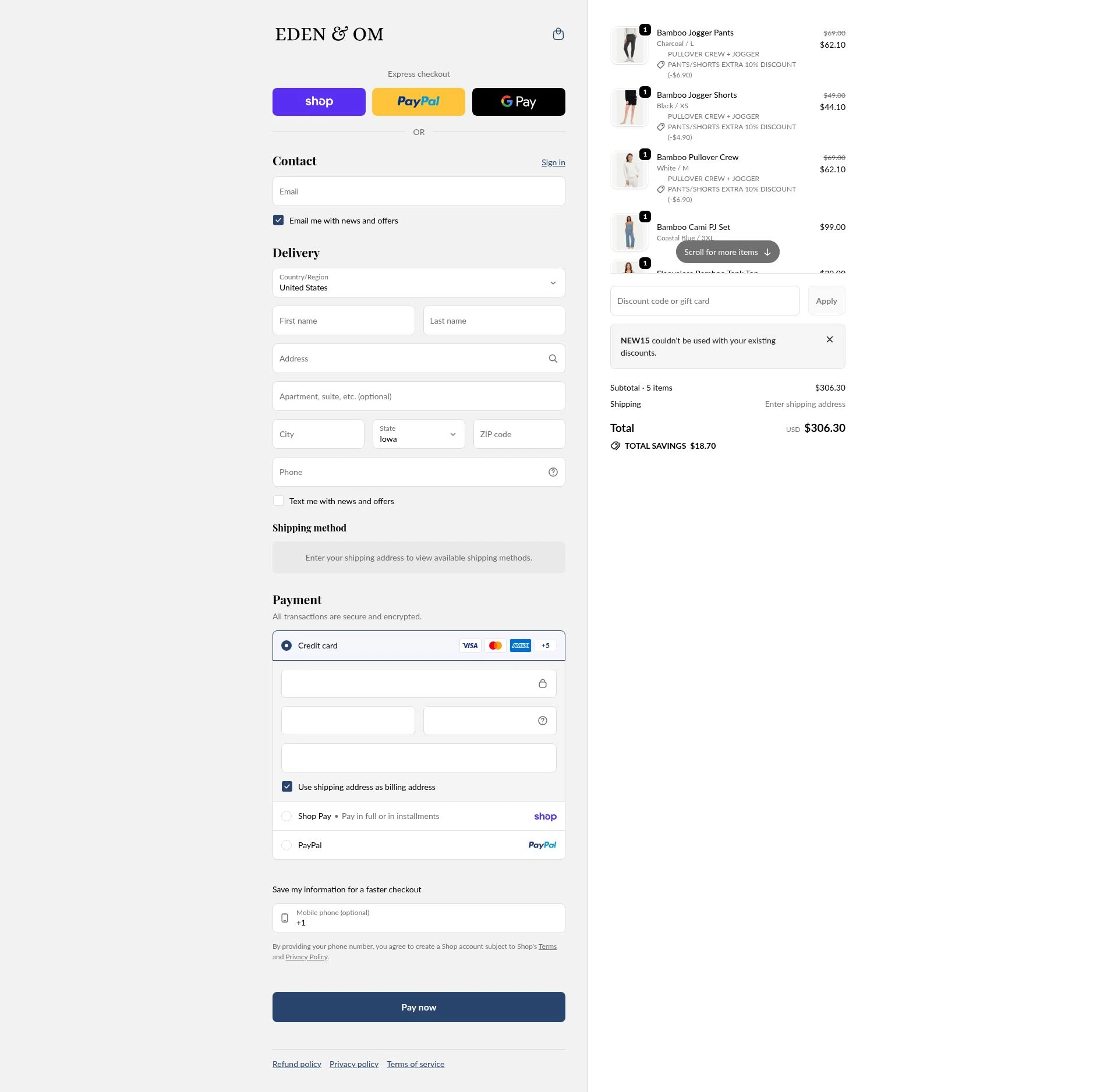Eden & Om checkout page showing Eden & Om discount code box | Screenshot taken by SimplyCodes community member on Feb 1, 2026