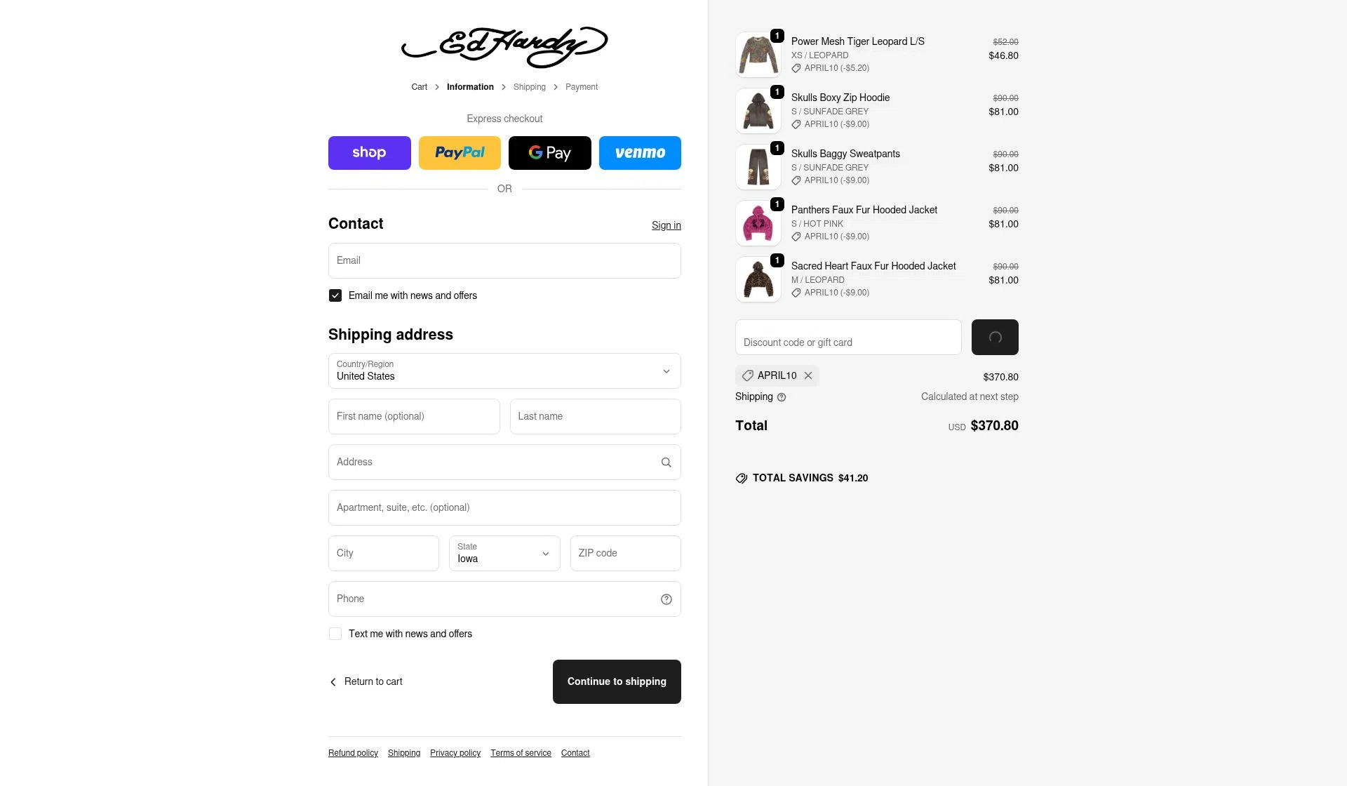 Ed Hardy checkout page showing Ed Hardy discount code box | Screenshot taken by SimplyCodes community member on Feb 18, 2026