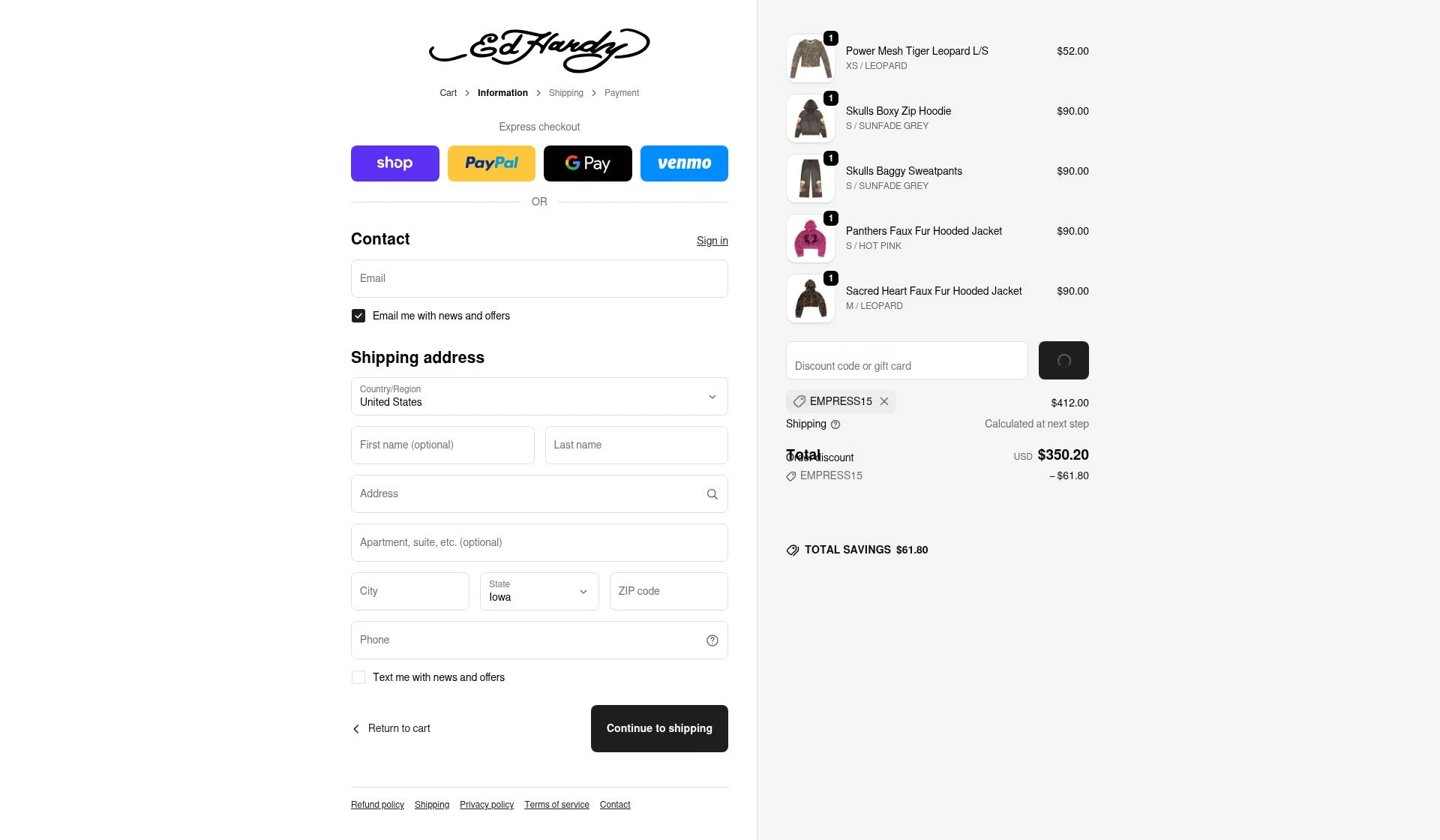 Ed Hardy checkout page showing Ed Hardy discount code box | Screenshot taken by SimplyCodes community member on Feb 18, 2026
