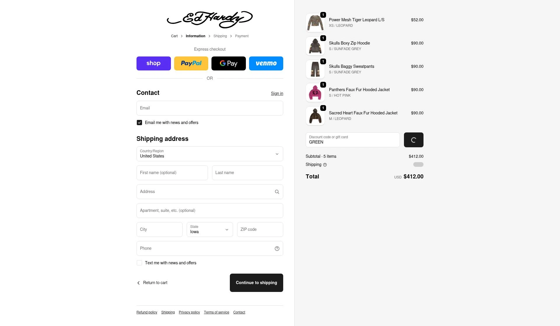 Ed Hardy checkout page showing Ed Hardy discount code box | Screenshot taken by SimplyCodes community member on Feb 18, 2026