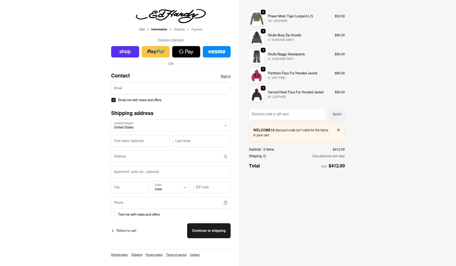Ed Hardy checkout page showing Ed Hardy discount code box | Screenshot taken by SimplyCodes community member on Feb 18, 2026