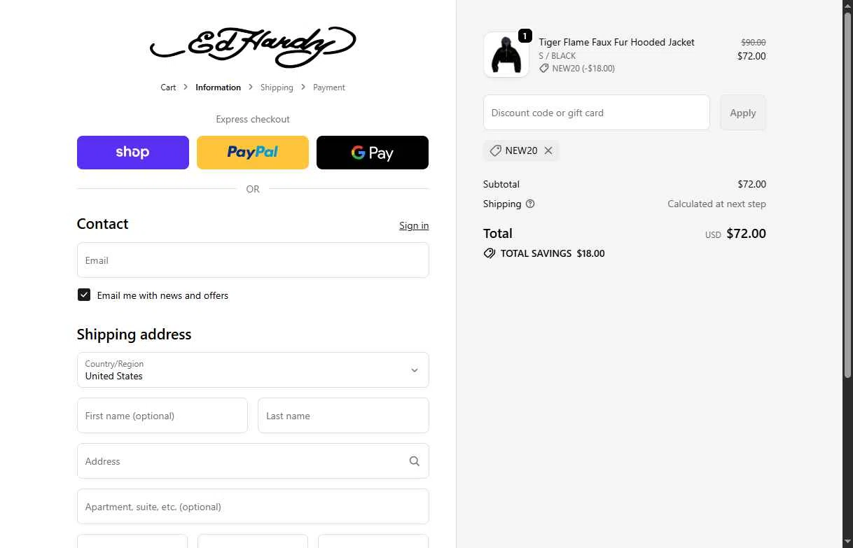 Ed Hardy checkout page showing Ed Hardy discount code box | Screenshot taken by SimplyCodes community member on Feb 19, 2026