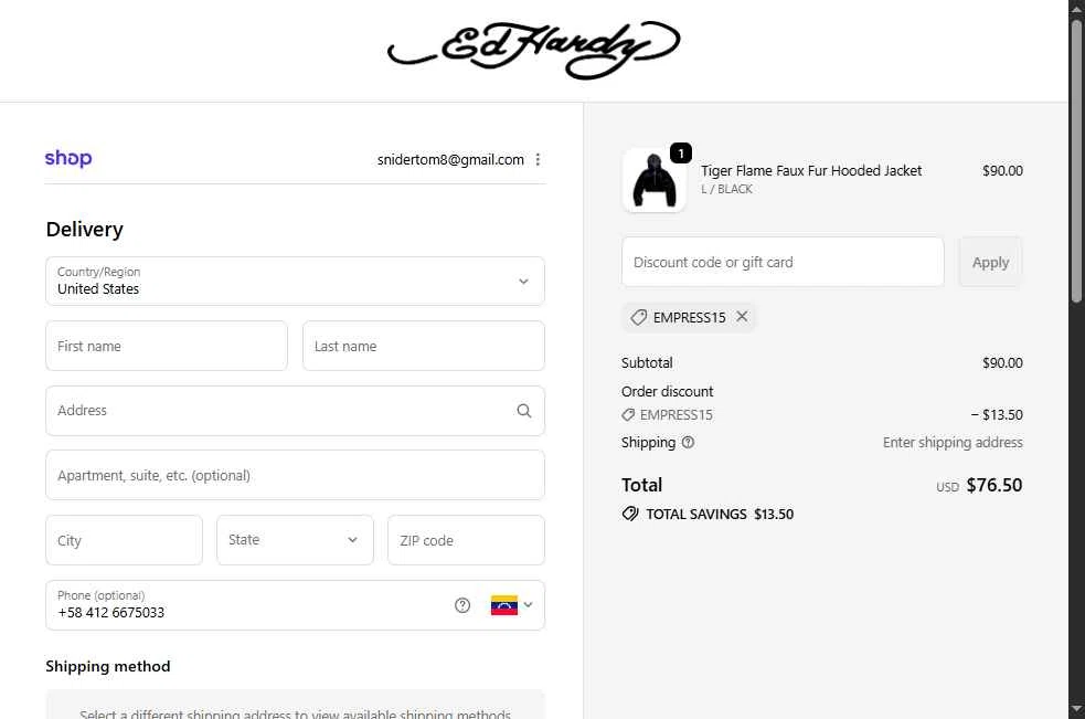 Ed Hardy checkout page showing Ed Hardy discount code box | Screenshot taken by SimplyCodes community member on Feb 19, 2026