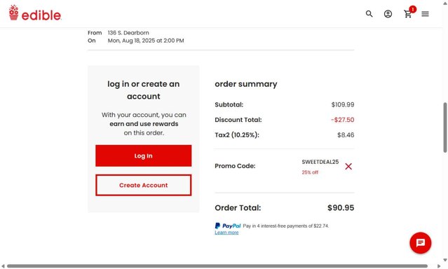 Edible Arrangements checkout page showing Edible Arrangements coupon code box | Screenshot taken by SimplyCodes community member on Aug 18, 2025