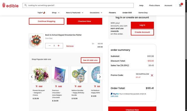 Edible Arrangements checkout page showing Edible Arrangements coupon code box | Screenshot taken by SimplyCodes community member on Aug 12, 2025