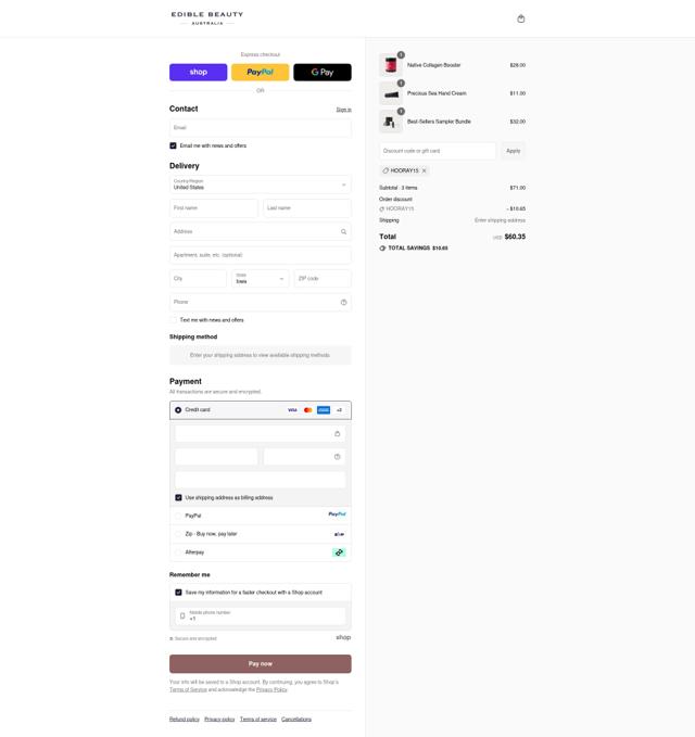 Edible Beauty checkout page showing Edible Beauty discount code box | Screenshot taken by SimplyCodes community member on Sep 14, 2025