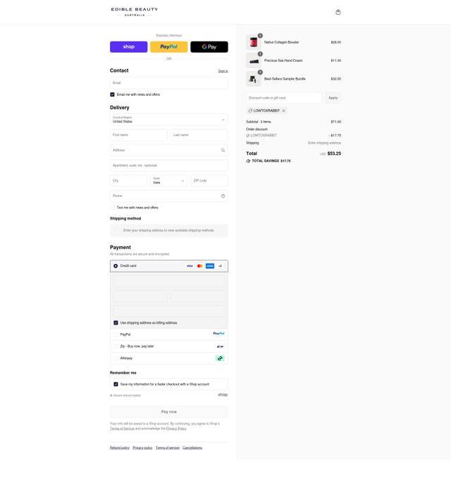 Edible Beauty checkout page showing Edible Beauty discount code box | Screenshot taken by SimplyCodes community member on Sep 10, 2025