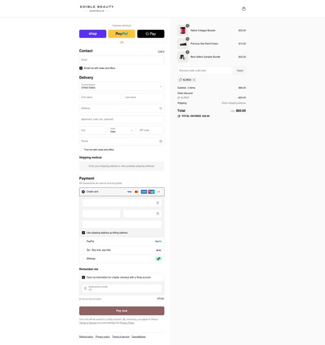 Edible Beauty checkout page showing Edible Beauty discount code box | Screenshot taken by SimplyCodes community member on Sep 6, 2025