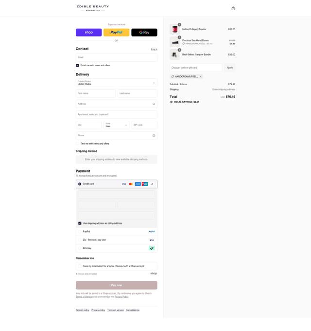 Edible Beauty checkout page showing Edible Beauty discount code box | Screenshot taken by SimplyCodes community member on Sep 6, 2025