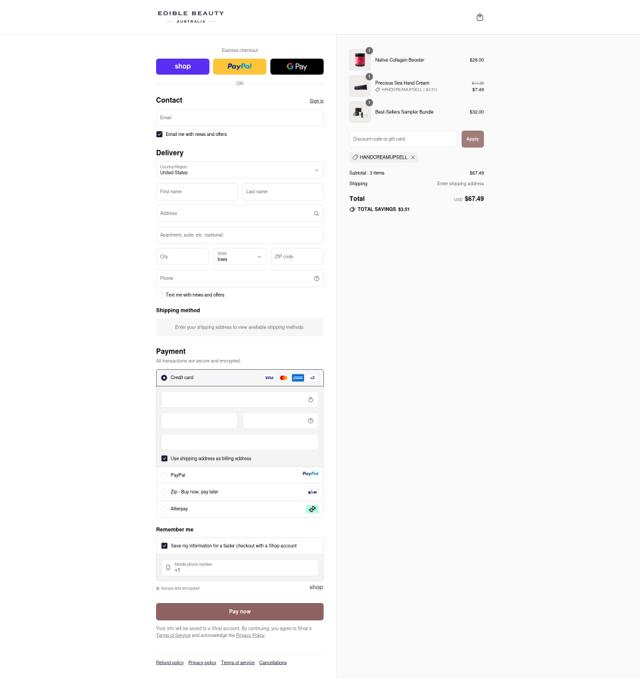 Edible Beauty checkout page showing Edible Beauty discount code box | Screenshot taken by SimplyCodes community member on Sep 14, 2025