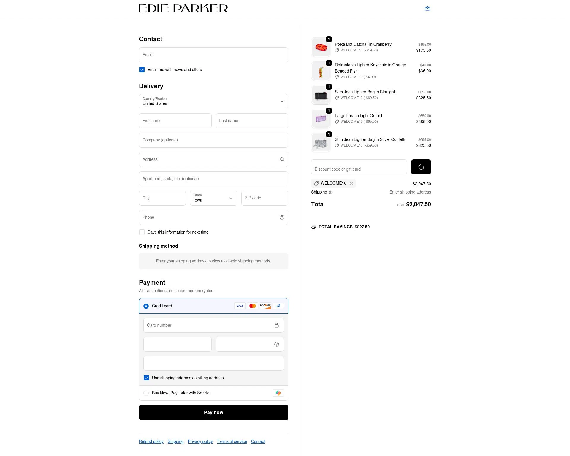 Edie Parker checkout page showing Edie Parker discount code box | Screenshot taken by SimplyCodes community member on Jan 8, 2026