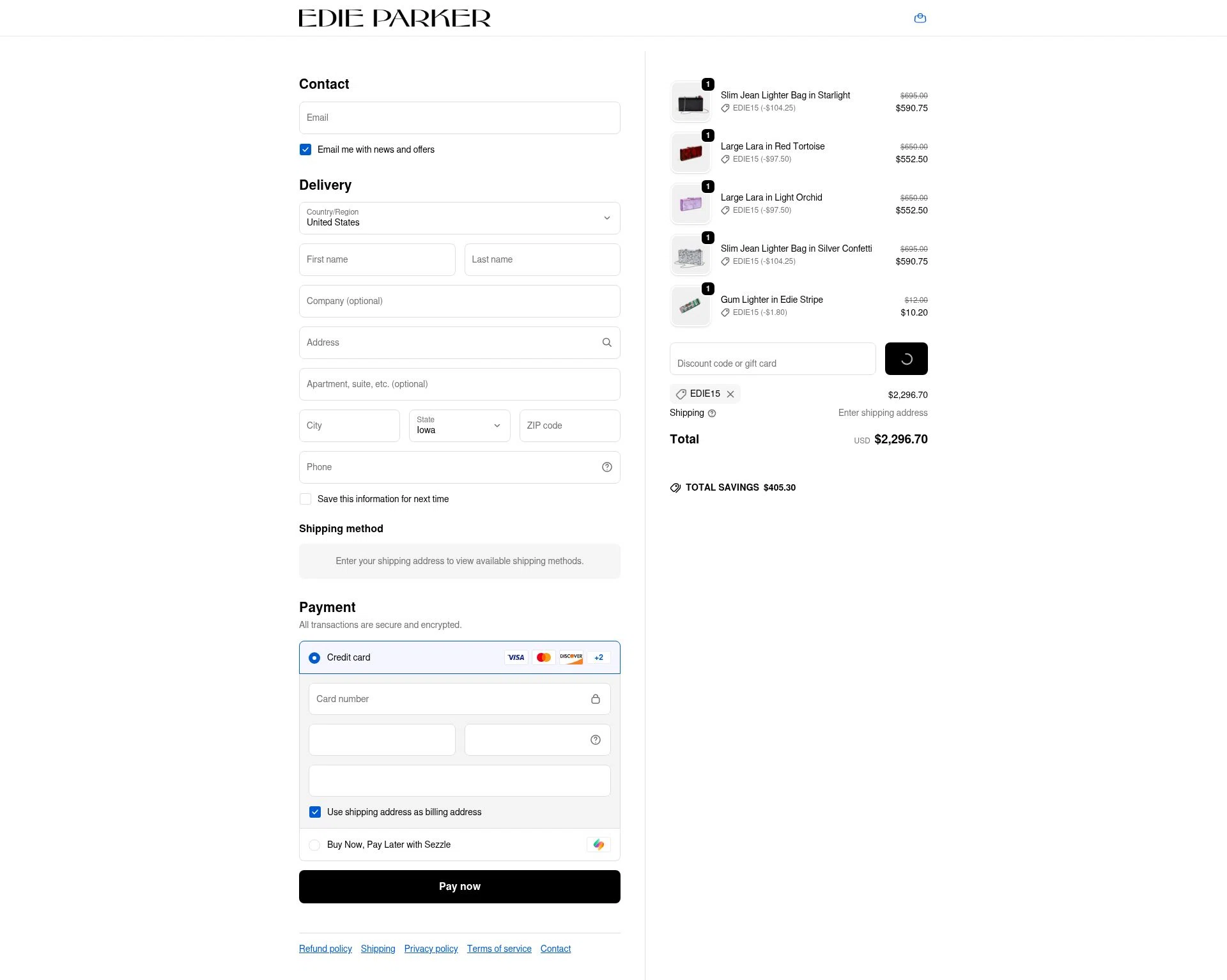 Edie Parker checkout page showing Edie Parker discount code box | Screenshot taken by SimplyCodes community member on Dec 29, 2025