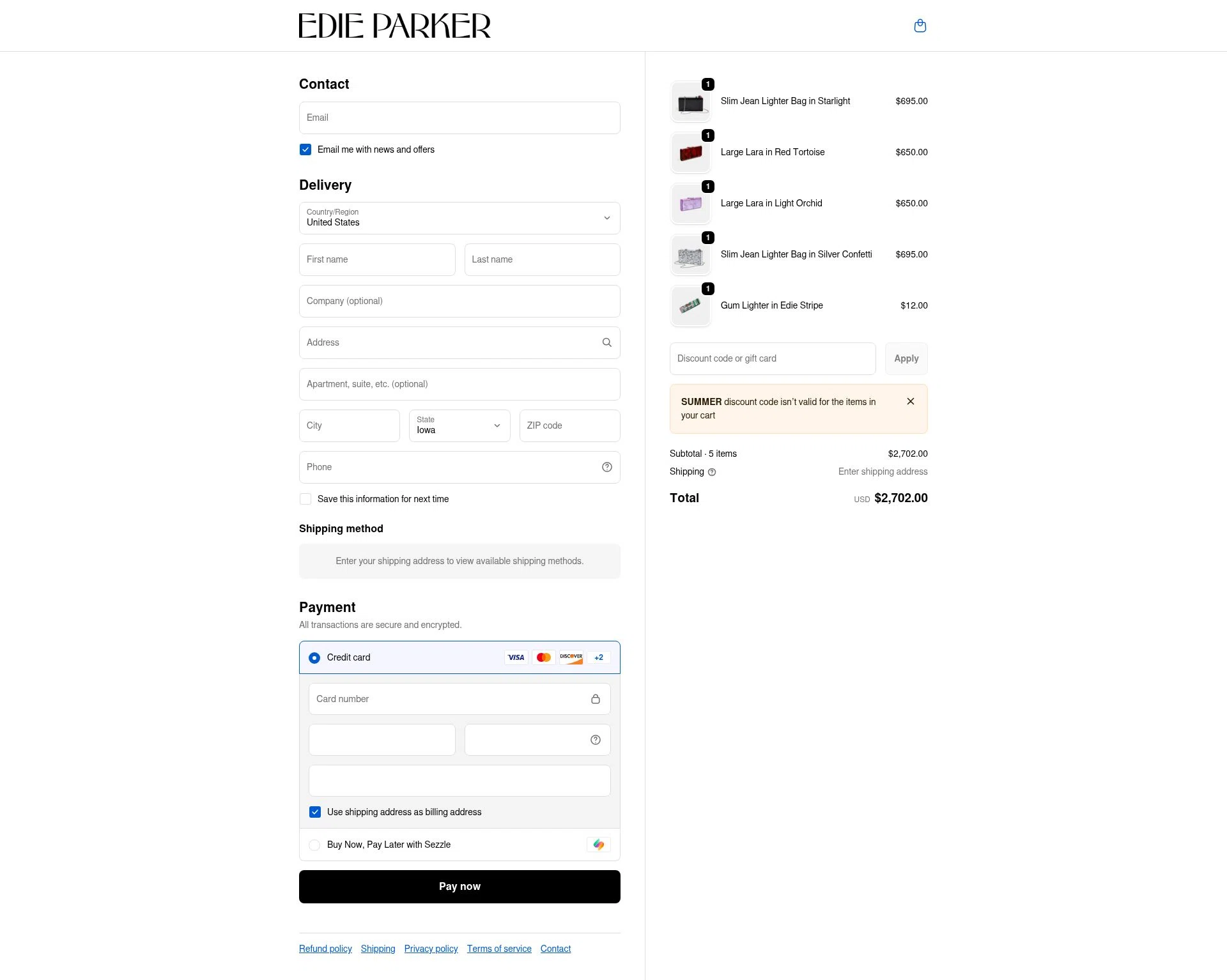 Edie Parker checkout page showing Edie Parker discount code box | Screenshot taken by SimplyCodes community member on Dec 29, 2025
