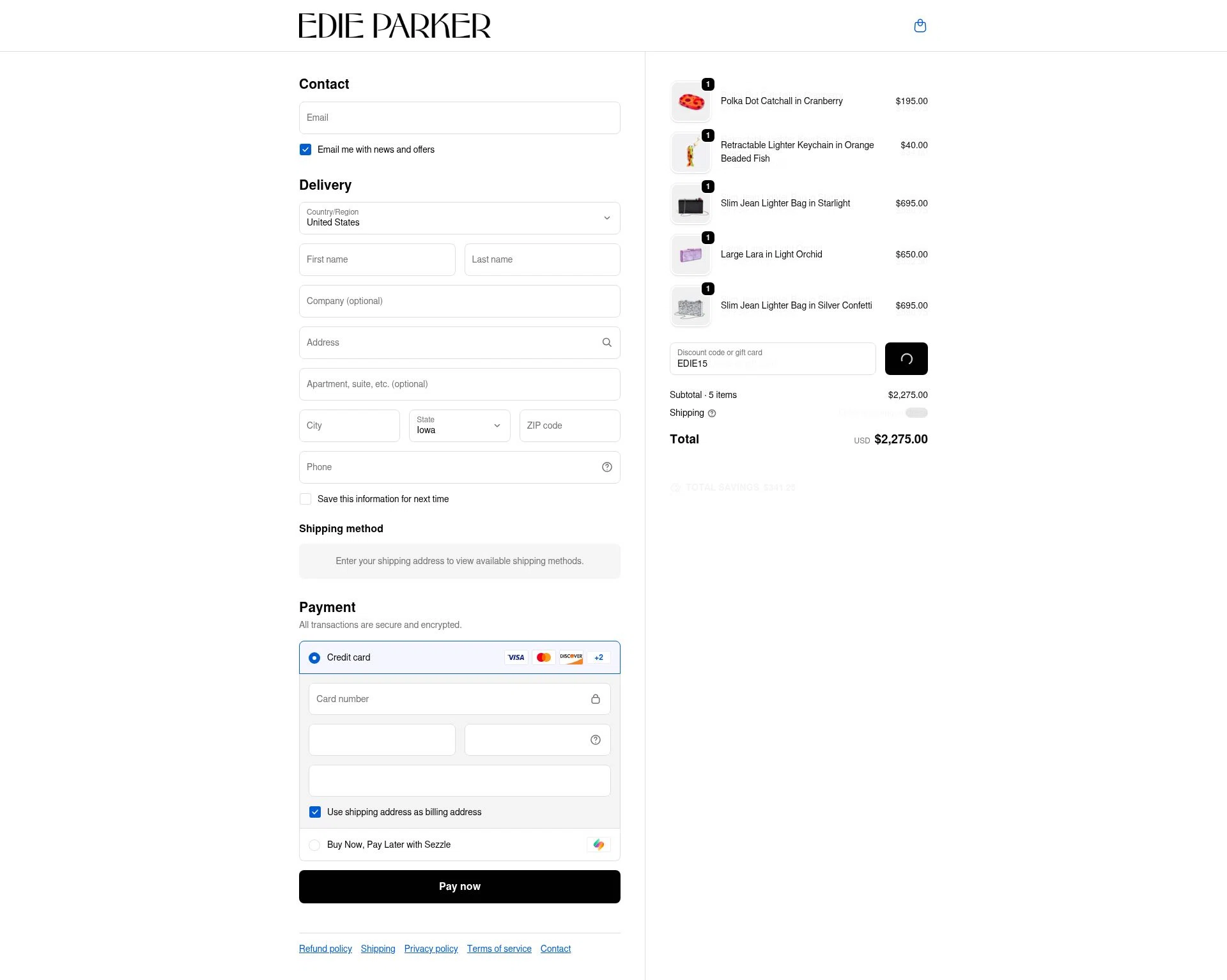 Edie Parker checkout page showing Edie Parker discount code box | Screenshot taken by SimplyCodes community member on Jan 8, 2026