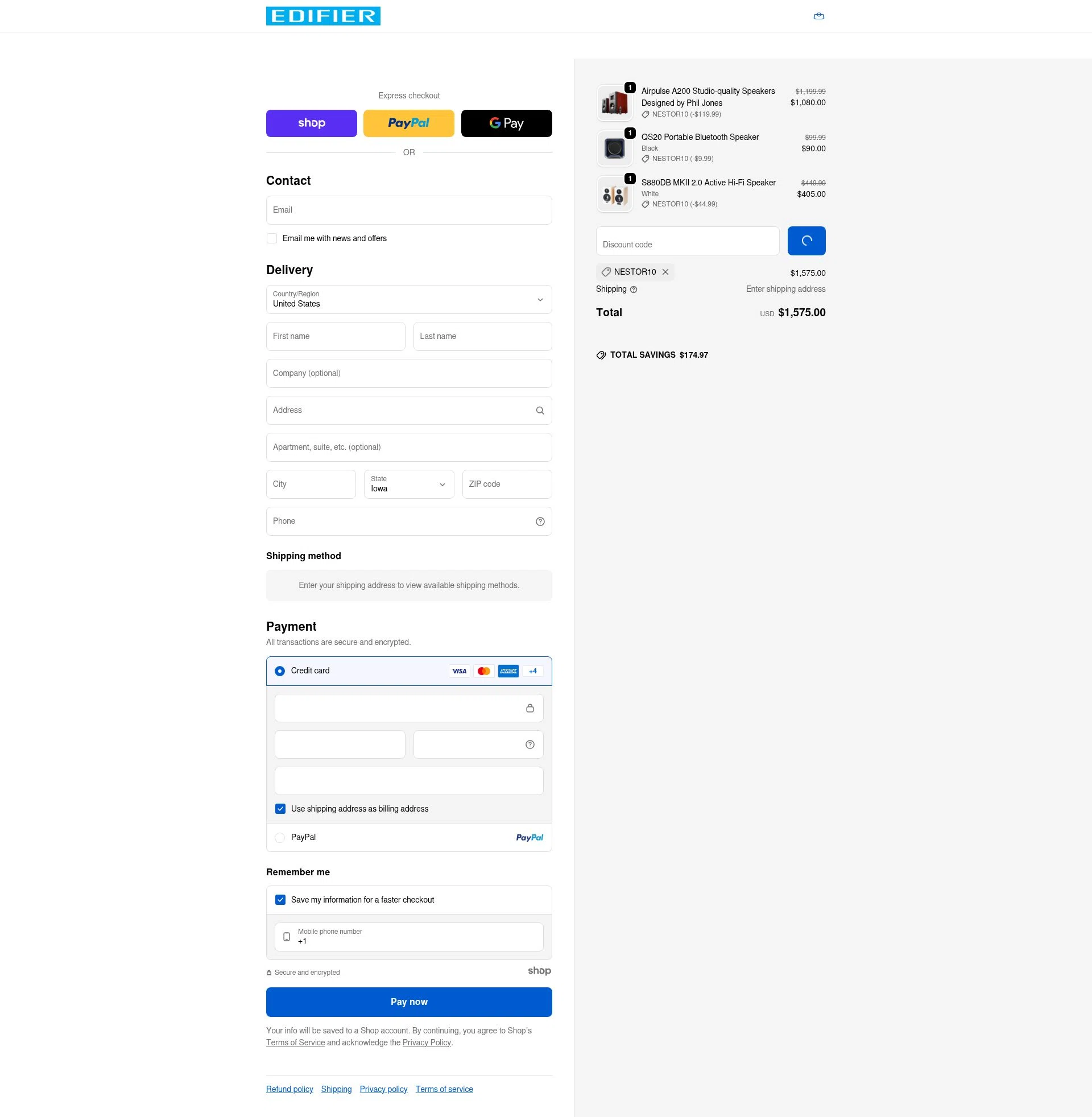 Edifier-Online.com USA checkout page showing Edifier-Online.com USA promo code box | Screenshot taken by SimplyCodes community member on Dec 31, 2025