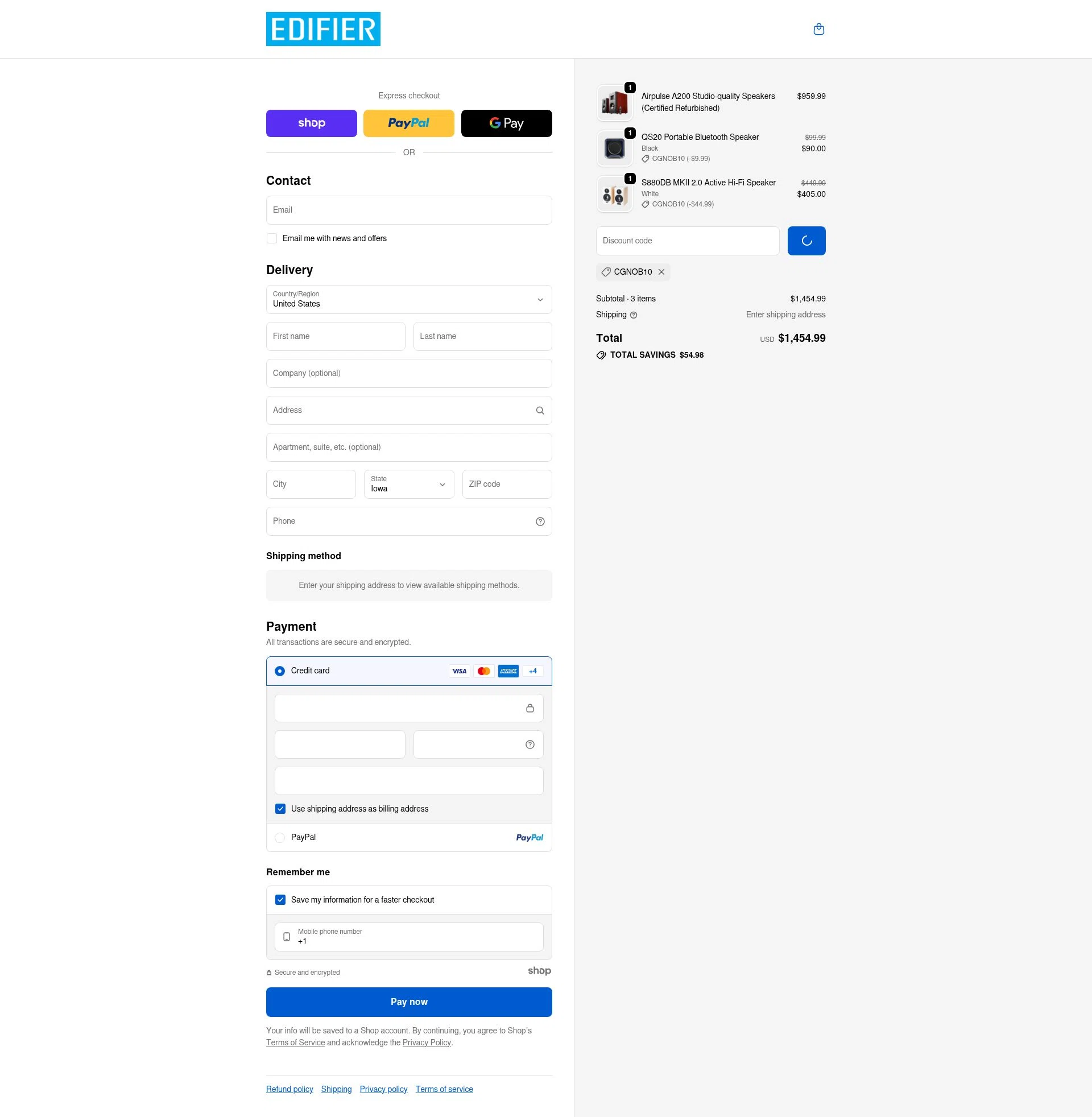 Edifier-Online.com USA checkout page showing Edifier-Online.com USA promo code box | Screenshot taken by SimplyCodes community member on Jan 5, 2026