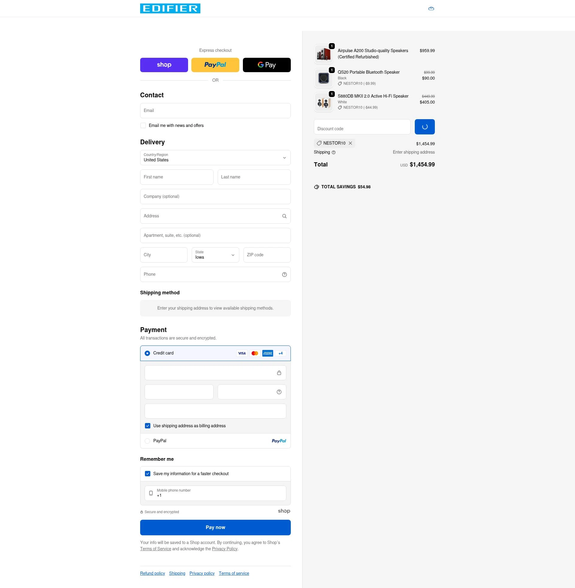 Edifier-Online.com USA checkout page showing Edifier-Online.com USA promo code box | Screenshot taken by SimplyCodes community member on Jan 5, 2026