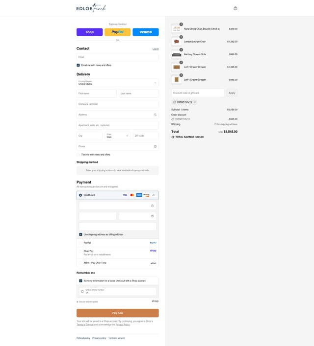 Edloe Finch checkout page showing Edloe Finch promo code box | Screenshot taken by SimplyCodes community member on Aug 30, 2025