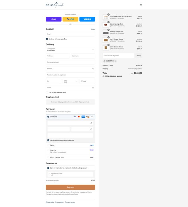 Edloe Finch checkout page showing Edloe Finch promo code box | Screenshot taken by SimplyCodes community member on Aug 30, 2025