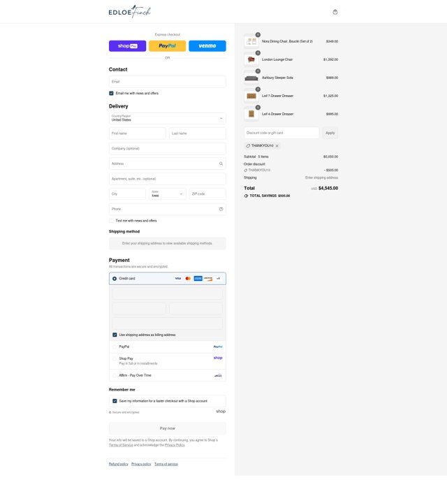 Edloe Finch checkout page showing Edloe Finch promo code box | Screenshot taken by SimplyCodes community member on Aug 26, 2025
