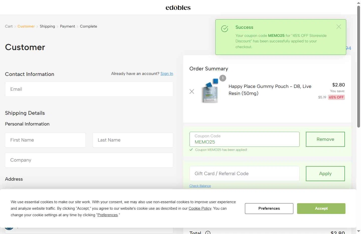 Edobles checkout page showing Edobles coupon code box | Screenshot taken by SimplyCodes community member on Jan 7, 2026