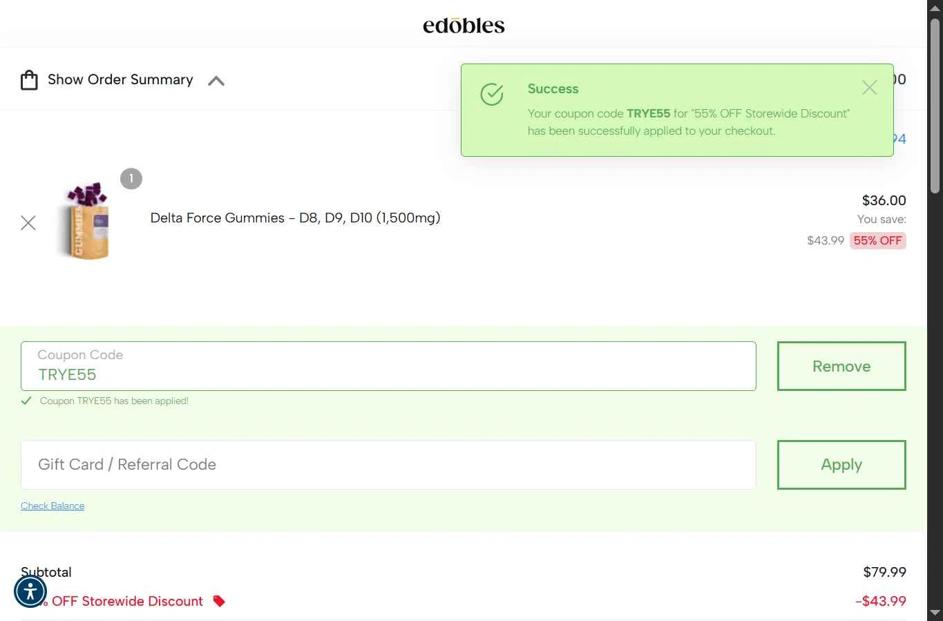 Edobles checkout page showing Edobles coupon code box | Screenshot taken by SimplyCodes community member on Jan 7, 2026