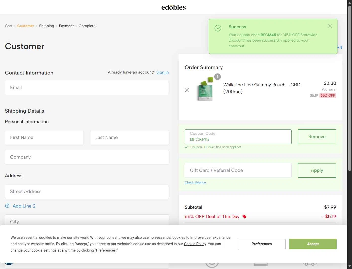 Edobles checkout page showing Edobles coupon code box | Screenshot taken by SimplyCodes community member on Dec 27, 2025
