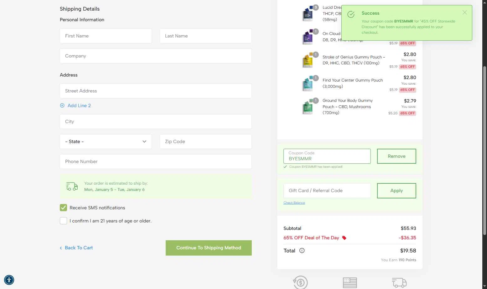 Edobles checkout page showing Edobles coupon code box | Screenshot taken by SimplyCodes community member on Jan 5, 2026