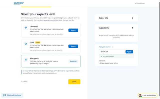 Edubirdie checkout page showing Edubirdie promo code box | Screenshot taken by SimplyCodes community member on Aug 19, 2025