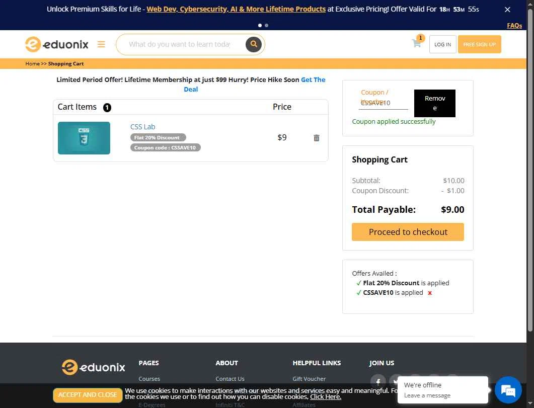 Eduonix checkout page showing Eduonix coupon code box | Screenshot taken by SimplyCodes community member on Feb 10, 2026