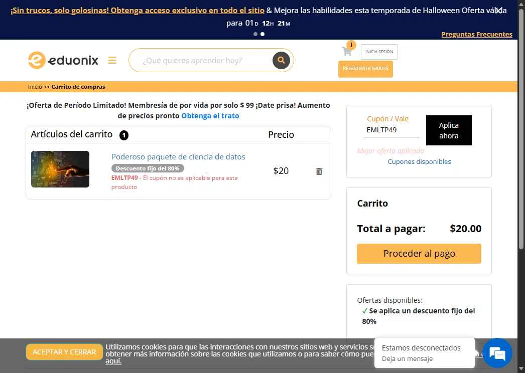 Eduonix checkout page showing Eduonix coupon code box | Screenshot taken by SimplyCodes community member on Nov 3, 2025
