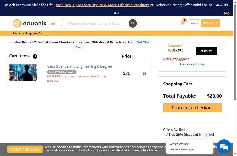 Eduonix checkout page showing Eduonix coupon code box | Screenshot taken by SimplyCodes community member on Nov 30, 2025