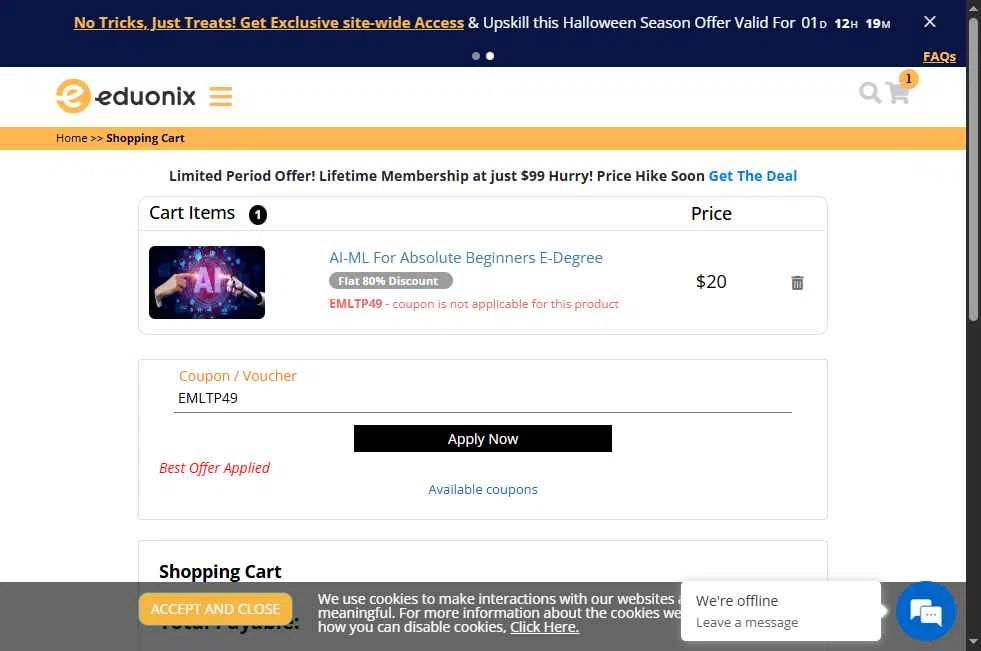 Eduonix checkout page showing Eduonix coupon code box | Screenshot taken by SimplyCodes community member on Nov 3, 2025