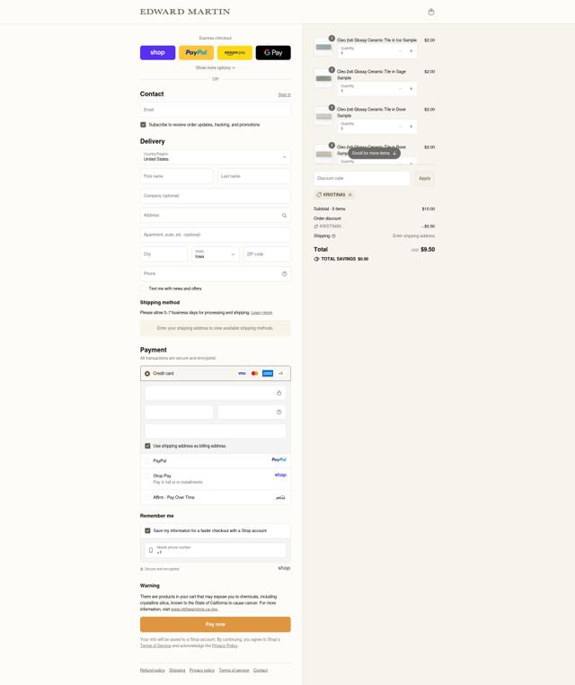 Edward Martin checkout page showing Edward Martin discount code box | Screenshot taken by SimplyCodes community member on Sep 15, 2025