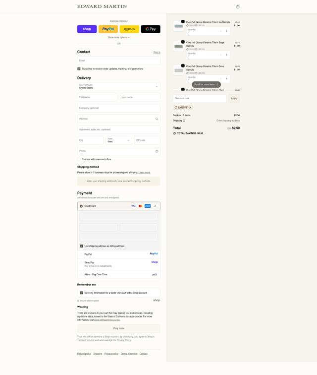 Edward Martin checkout page showing Edward Martin discount code box | Screenshot taken by SimplyCodes community member on Sep 20, 2025