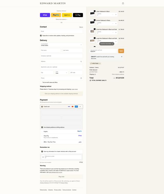 Edward Martin checkout page showing Edward Martin discount code box | Screenshot taken by SimplyCodes community member on Oct 6, 2025