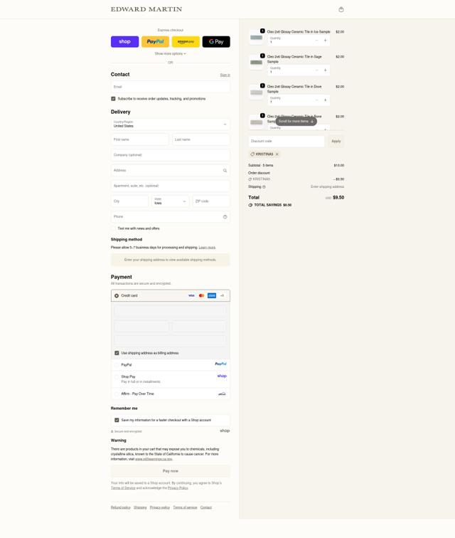 Edward Martin checkout page showing Edward Martin discount code box | Screenshot taken by SimplyCodes community member on Sep 20, 2025