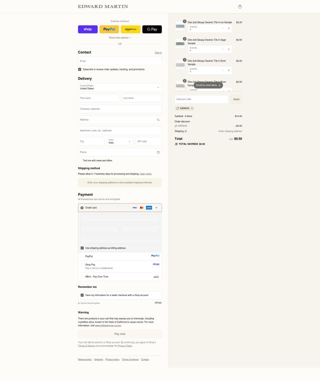 Edward Martin checkout page showing Edward Martin discount code box | Screenshot taken by SimplyCodes community member on Sep 11, 2025