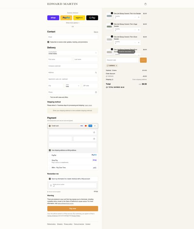 Edward Martin checkout page showing Edward Martin discount code box | Screenshot taken by SimplyCodes community member on Sep 20, 2025