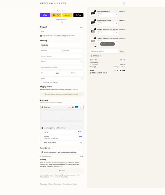 Edward Martin checkout page showing Edward Martin discount code box | Screenshot taken by SimplyCodes community member on Oct 6, 2025