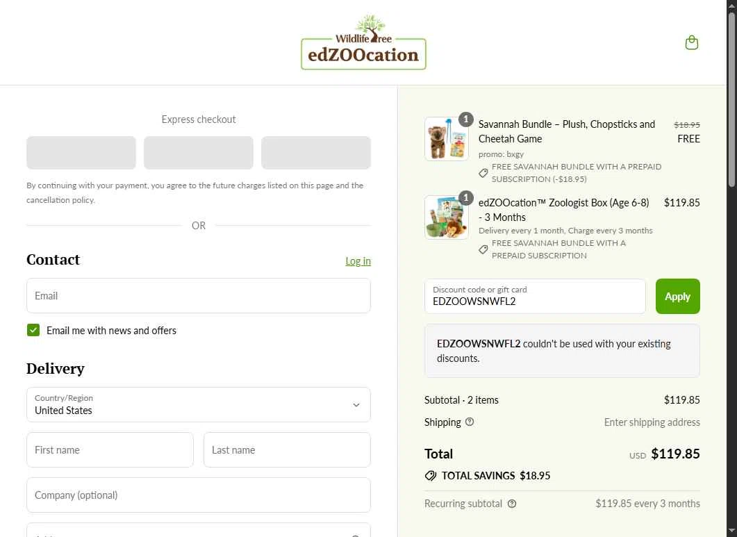 edZOOcation™ checkout page showing edZOOcation™ discount code box | Screenshot taken by SimplyCodes community member on Aug 26, 2025